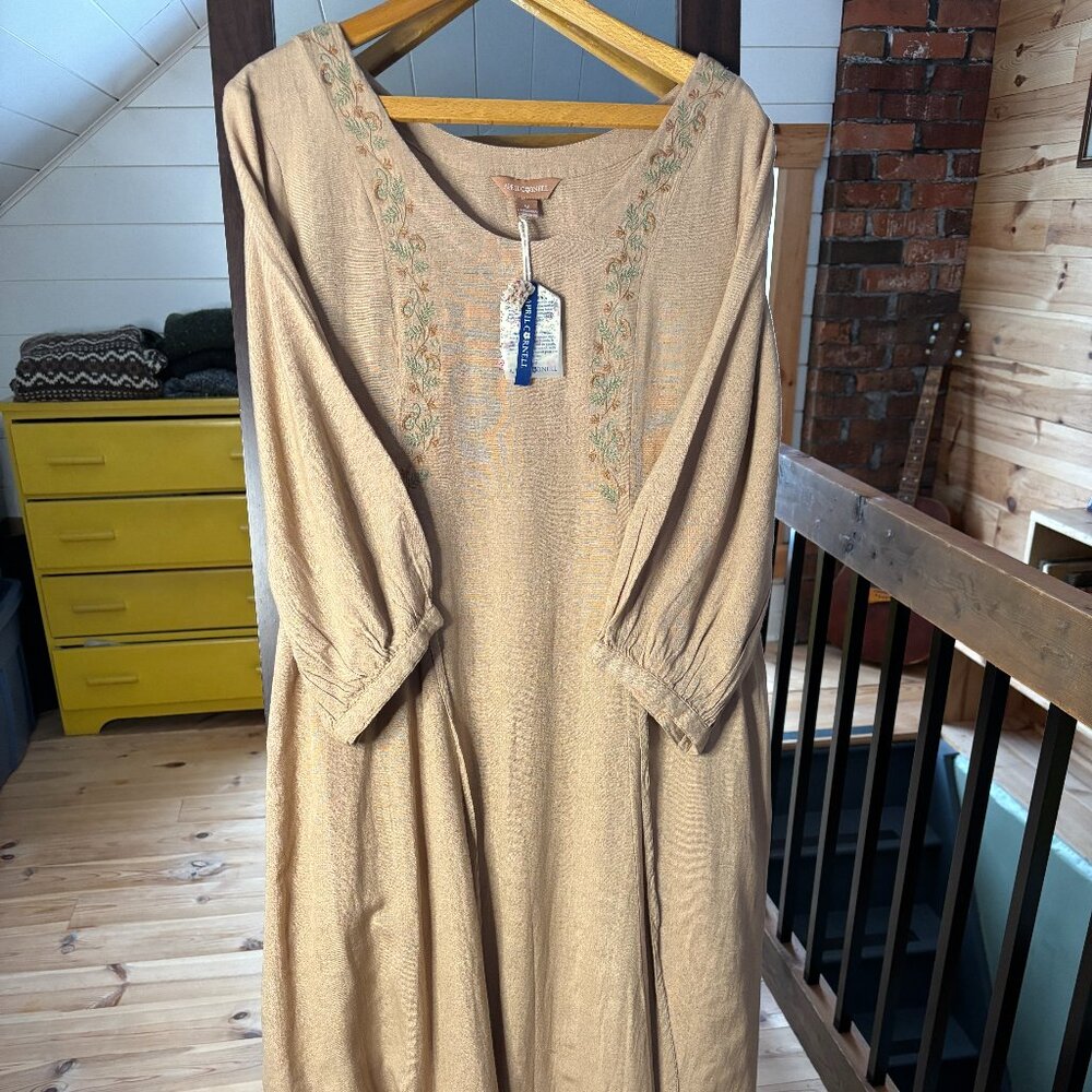 April Cornell Beige Long Sleeve Dress with Floral Detail